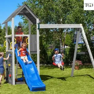 Aire de jeux de jardin en bois blanc Fungoo® Carol 2 avec toboggan et balançoire en bois