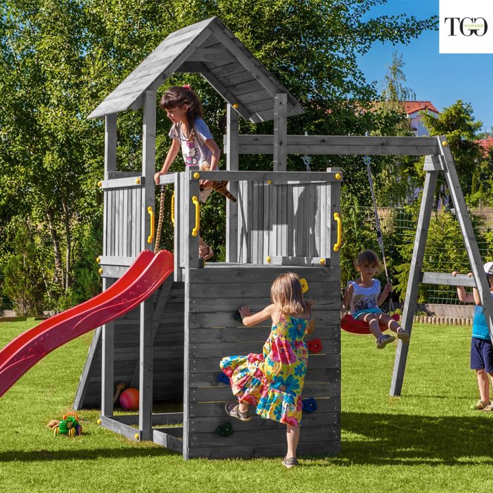 Toboggan Balançoire et Escalade en Bois Fungoo Carol 3 Gris Jeu de Jardin en Bois