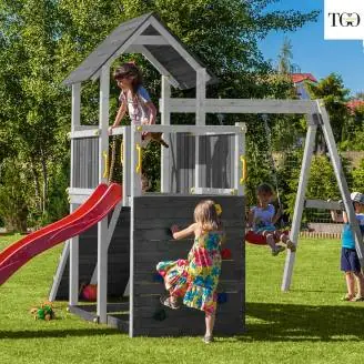 Toboggan Balançoire et aire de jeux en bois Fungoo® Carol 3 Blanc Jardin en bois