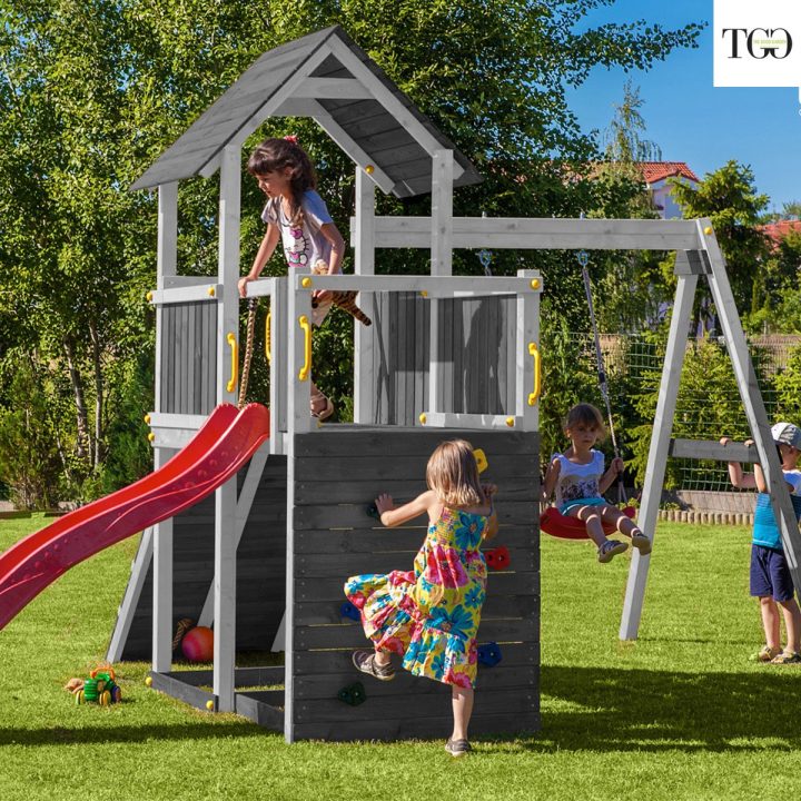 Toboggan Balançoire et Escalade en Bois Fungoo Carol 3 Blanc Jeu de Jardin en Bois