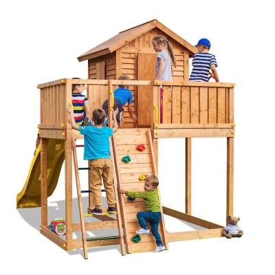 Maisonnette en bois pour enfants avec toboggan Fungoo® STEP ON MySIDE jeu de jardin en bois