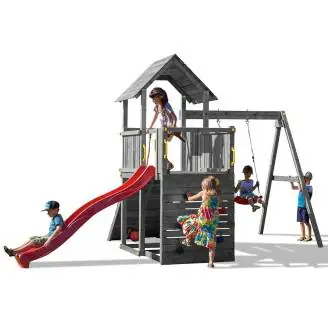 Toboggan Balançoire et Escalade en Bois Fungoo® Carol 3 Gris Jeu de Jardin en Bois