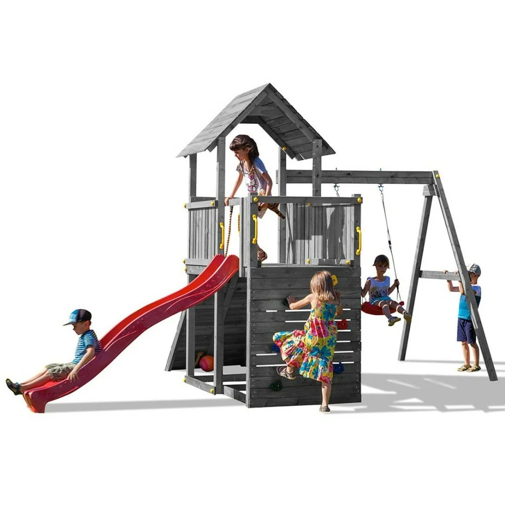 Toboggan Balançoire et Escalade en Bois Fungoo® Carol 3 Gris Jeu de Jardin en Bois