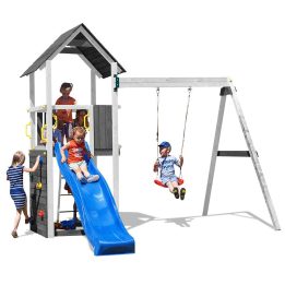 Aire de jeux de jardin en bois blanc Fungoo® Carol 2 avec toboggan et balançoire en bois