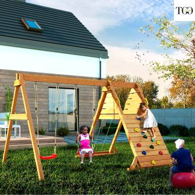 Fungoo SPIDER King Balançoire en bois et jeu d'escalade pour jardin