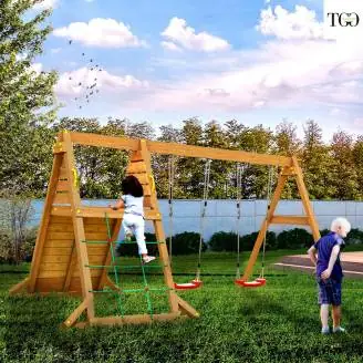 Fungoo SPIDER King Balançoire en bois et jeu d'escalade pour jardin
