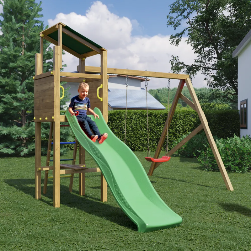 Balançoire bois avec toboggan et 2 agrès bois Prune