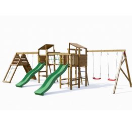 Aire de jeux en bois Playland BigFun TGG Play avec 3 balançoires, 2 toboggans, structure d'escalade, table de pique