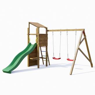 Parc de jeux en bois Playland FlipFlop TGG Play avec toboggan, deux balançoires et mur d'escalade