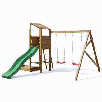 Parc de jeux en bois Playland Sunshine TGG Play avec toboggan, deux balançoires et bac à sable