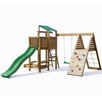 Parc de jeux en bois Playland Glee TGG Play avec balançoire, toboggan, bac à sable, mur d'escalade et table de pique-nique