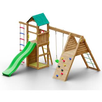 Parc de jeux en bois Woody Gym TGG Play avec tour, balançoire, toboggan, bac à sable et mur d'escalade