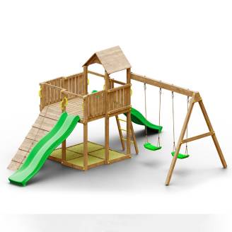 Parc de jeux en bois pour jardin Woody Tree House TGG Play avec deux toboggans, deux balançoires et bac à sable