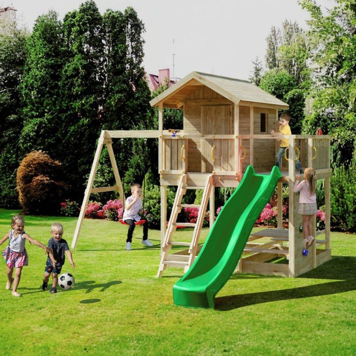 Maisonnette en bois Fungoo Moonlight avec toboggan et deux balançoires