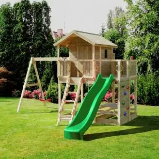Maisonnette en bois Fungoo Moonlight avec toboggan et deux balançoires