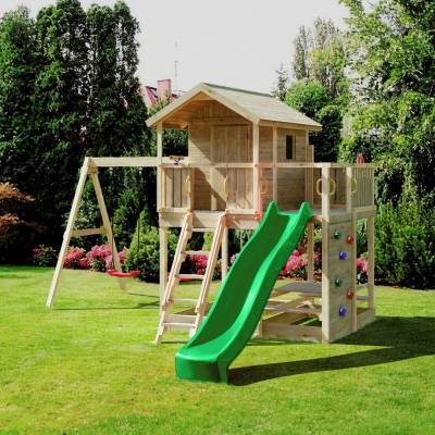 Maisonnette en bois Fungoo Moonlight avec toboggan et deux balançoires
