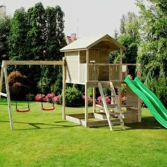 Maisonnette en bois Fungoo Moonlight avec toboggan et deux balançoires