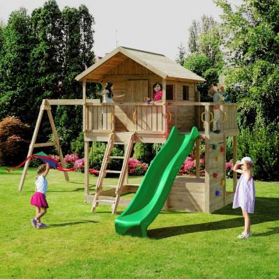 Maisonnette en bois Fungoo Sunshine avec toboggan et deux balançoires
