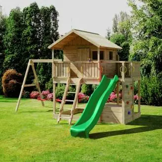 Maisonnette en bois Fungoo Sunshine avec toboggan et deux balançoires