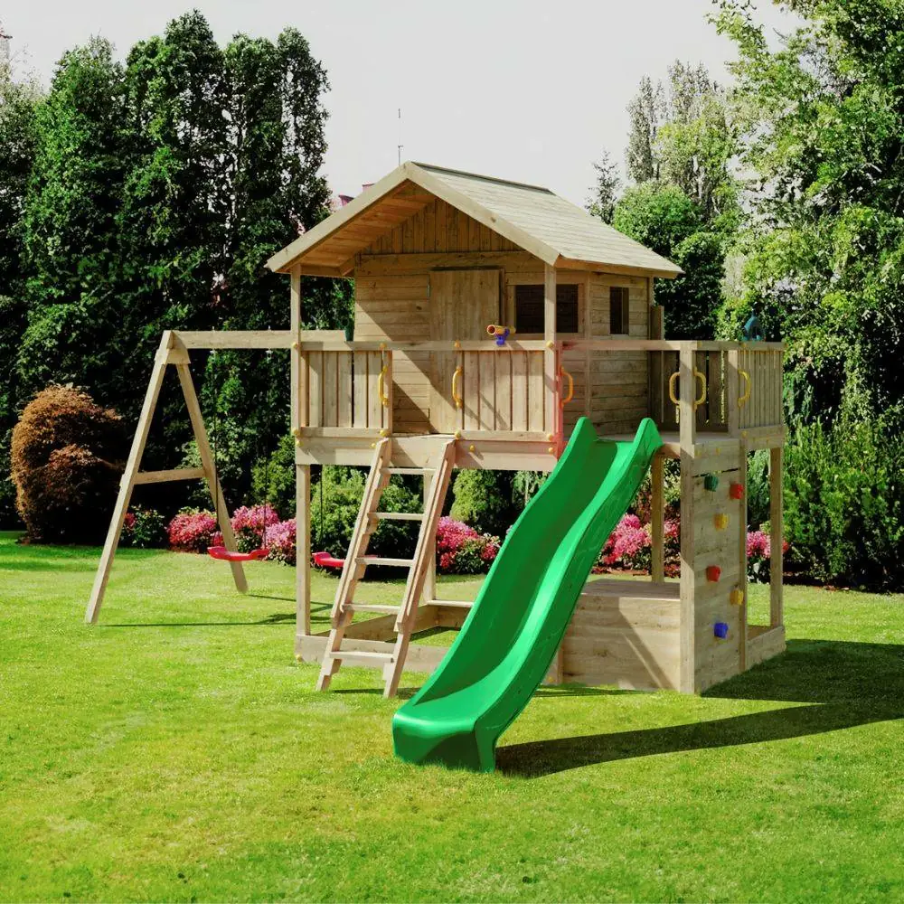 Maisonnette en bois Fungoo Sunshine avec toboggan et deux balançoires
