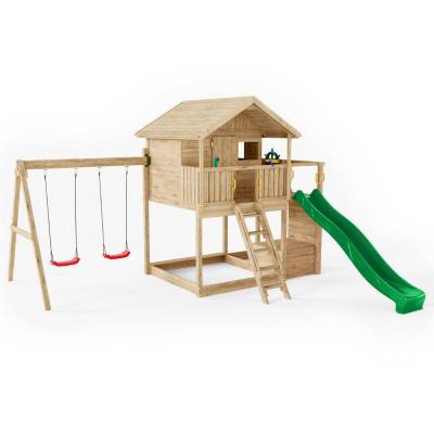 Maisonnette en bois Fungoo Sunshine avec toboggan et deux balançoires
