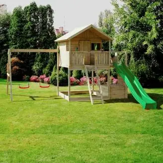 Maisonnette en bois Fungoo Sunshine avec toboggan et deux balançoires