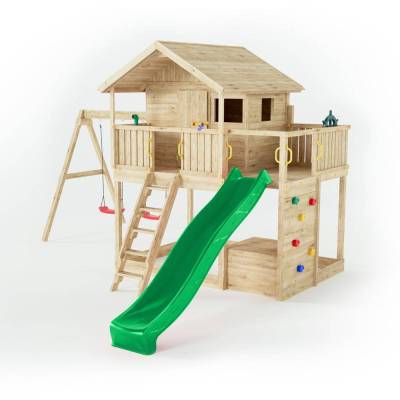 Maisonnette en bois Fungoo Sunshine avec toboggan et deux balançoires