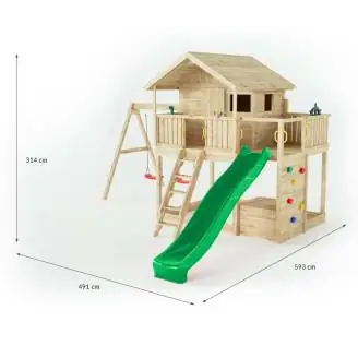 Maisonnette en bois Fungoo Sunshine avec toboggan et deux balançoires