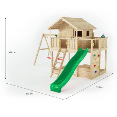Maisonnette en bois Fungoo Sunshine avec toboggan et deux balançoires