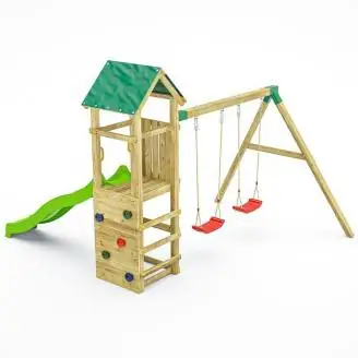 Fungoo Charly Aire de jeux de jardin en bois avec toboggan, deux balançoires et mur d'escalade