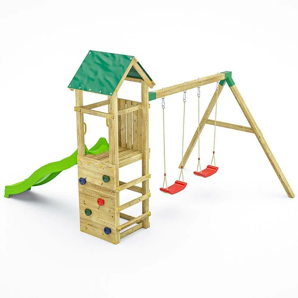 Fungoo Charly Aire de jeux de jardin en bois avec toboggan, deux balançoires et mur d'escalade