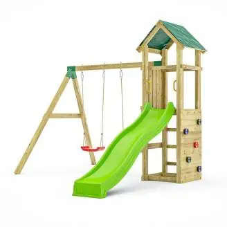Fungoo Charly Aire de jeux de jardin en bois avec toboggan, deux balançoires et mur d'escalade