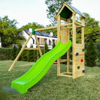 Fungoo Charly Aire de jeux de jardin en bois avec toboggan, deux balançoires et mur d'escalade