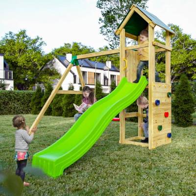 Fungoo Charly Aire de jeux de jardin en bois avec toboggan, deux balançoires et mur d'escalade