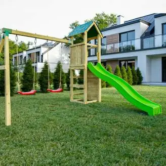 Fungoo Charly Aire de jeux de jardin en bois avec toboggan, deux balançoires et mur d'escalade