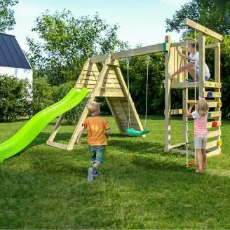 Ensemble de jeux de jardin en bois Fungoo Climber avec escalade, toboggan et balançoires