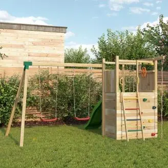 Aire de jeux en bois Fungoo Houser avec toboggan, deux balançoires et une maisonnette