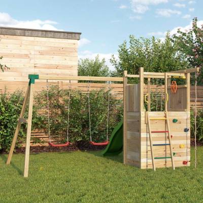 Aire de jeux en bois Fungoo Houser avec toboggan, deux balançoires et une maisonnette