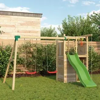 Aire de jeux en bois Fungoo Houser avec toboggan, deux balançoires et une maisonnette