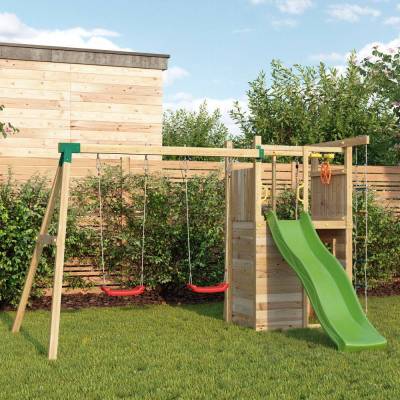 Aire de jeux en bois Fungoo Houser avec toboggan, deux balançoires et une maisonnette