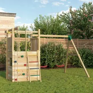 Aire de jeux en bois Fungoo Houser avec toboggan, deux balançoires et une maisonnette