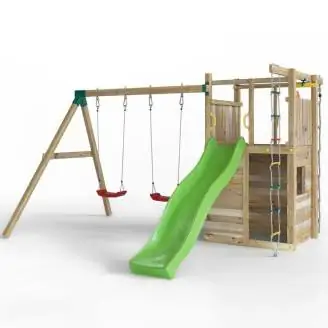 Aire de jeux en bois Fungoo Houser avec toboggan, deux balançoires et une maisonnette