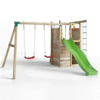 Aire de jeux en bois Fungoo Houser avec toboggan, deux balançoires et une maisonnette