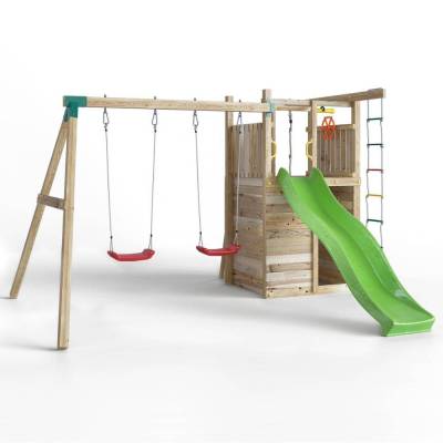 Aire de jeux en bois Fungoo Houser avec toboggan, deux balançoires et une maisonnette