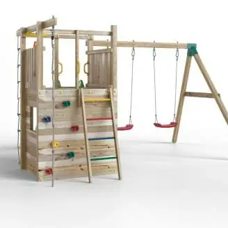 Aire de jeux en bois Fungoo Houser avec toboggan, deux balançoires et une maisonnette