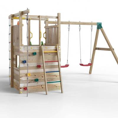 Aire de jeux en bois Fungoo Houser avec toboggan, deux balançoires et une maisonnette