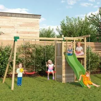 Aire de jeux en bois Fungoo Houser avec toboggan, deux balançoires et une maisonnette