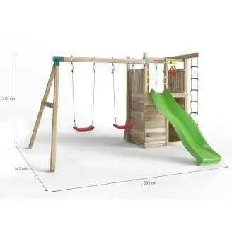 Aire de jeux en bois Fungoo Houser avec toboggan, deux balançoires et une maisonnette