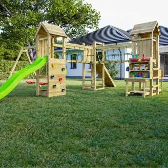 Aire de jeux en bois Fungoo Optimizer avec toboggan, balançoires, structure d'escalade et cuisine pour enfants