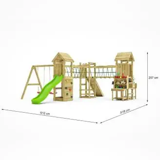 Aire de jeux en bois Fungoo Optimizer avec toboggan, balançoires, structure d'escalade et cuisine pour enfants